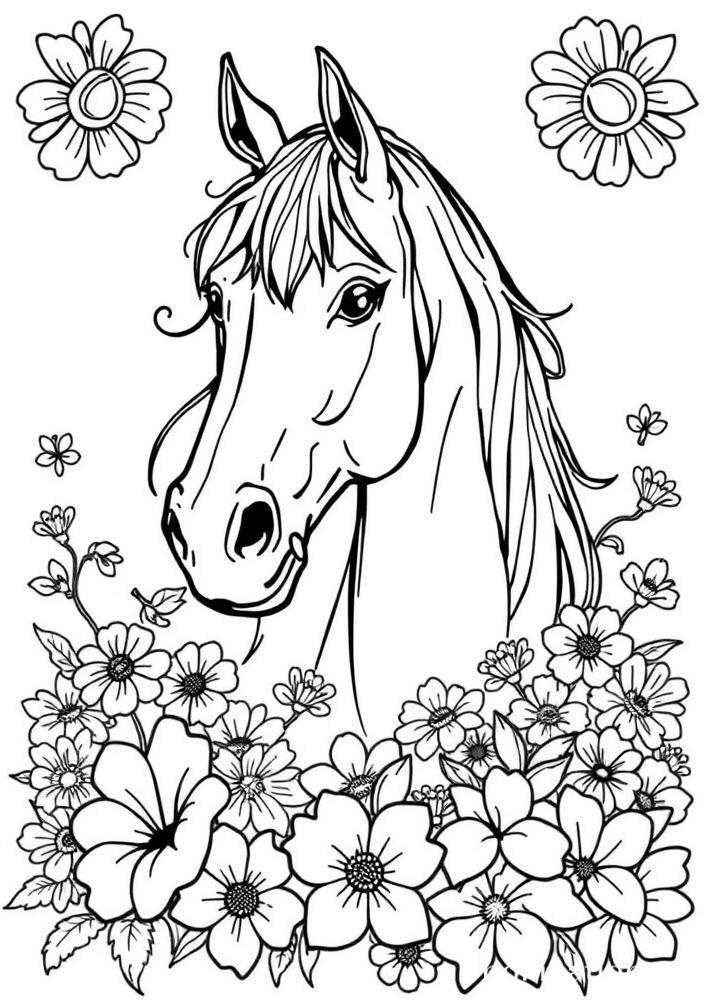 Desenho de Cavalo com Flores para Colorir