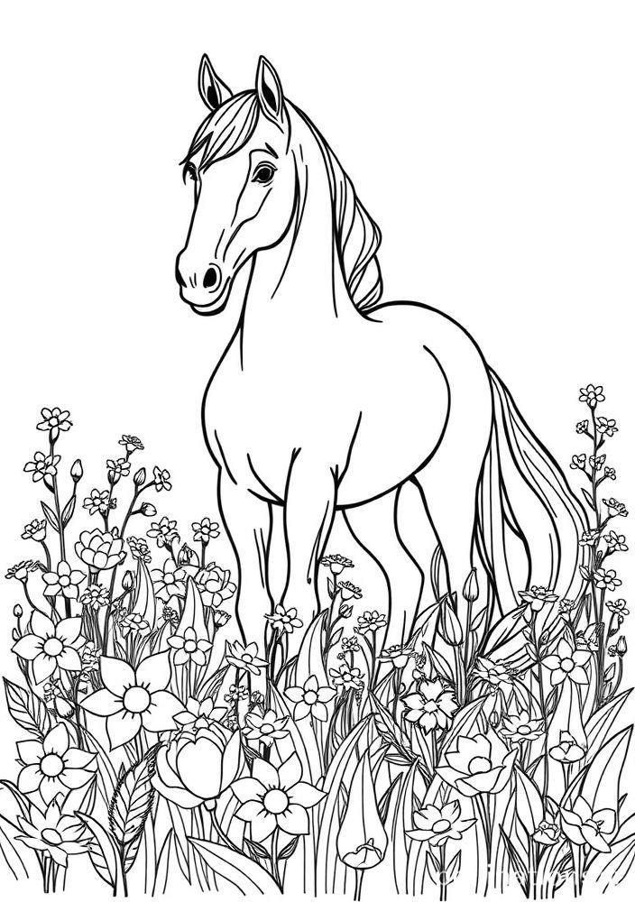 Desenho de Cavalo em um Campo de Flores para Colorir
