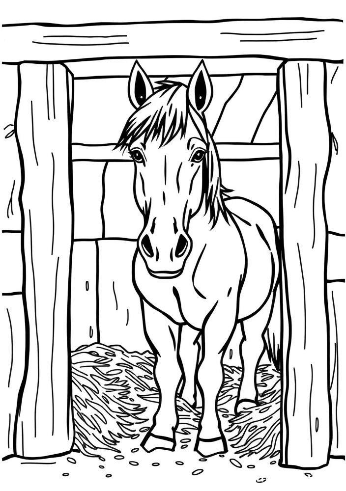 Desenho de Cavalo em um Estábulo para Colorir