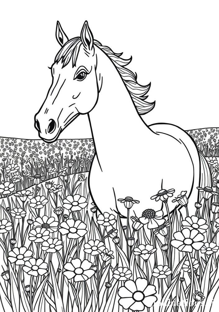 Desenho de Cavalo em um campo florido para colorir