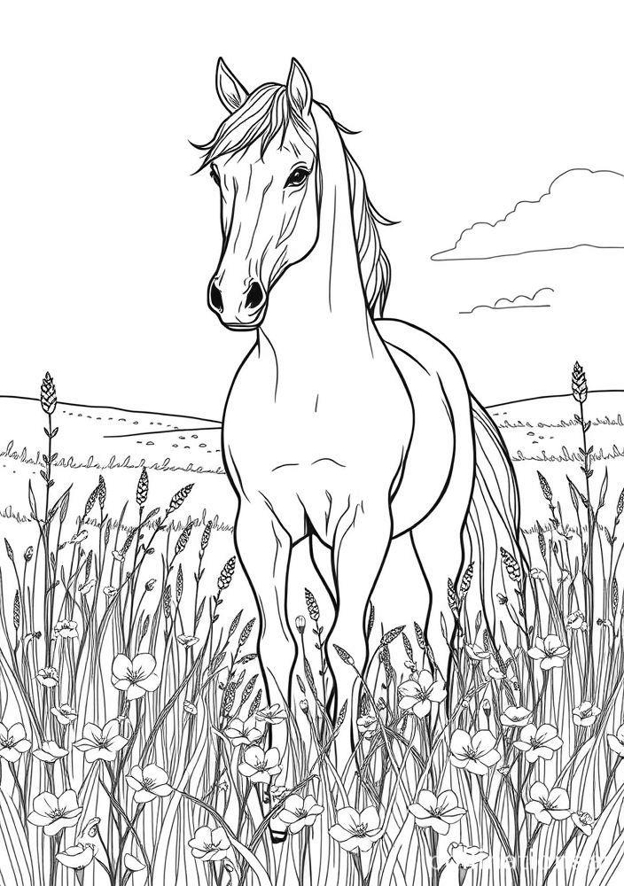 Desenho de Cavalo no Campo Floral para colorir