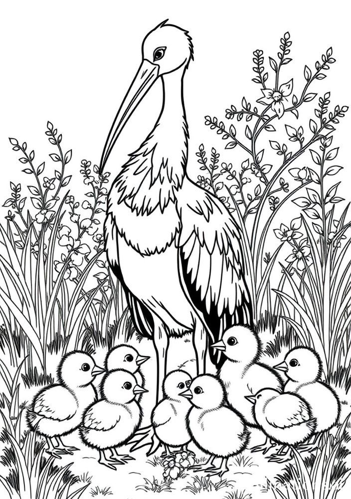 Desenho de Cegonha com Filhotes para colorir