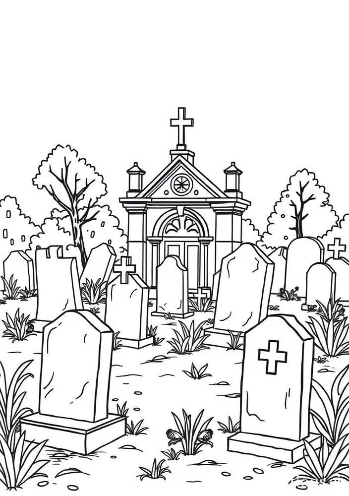 Desenho de Cemitério com lápides para colorir