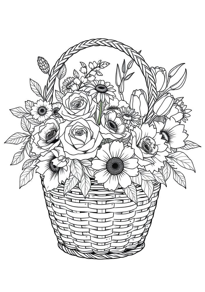 Desenho de Cesta de Flores para colorir