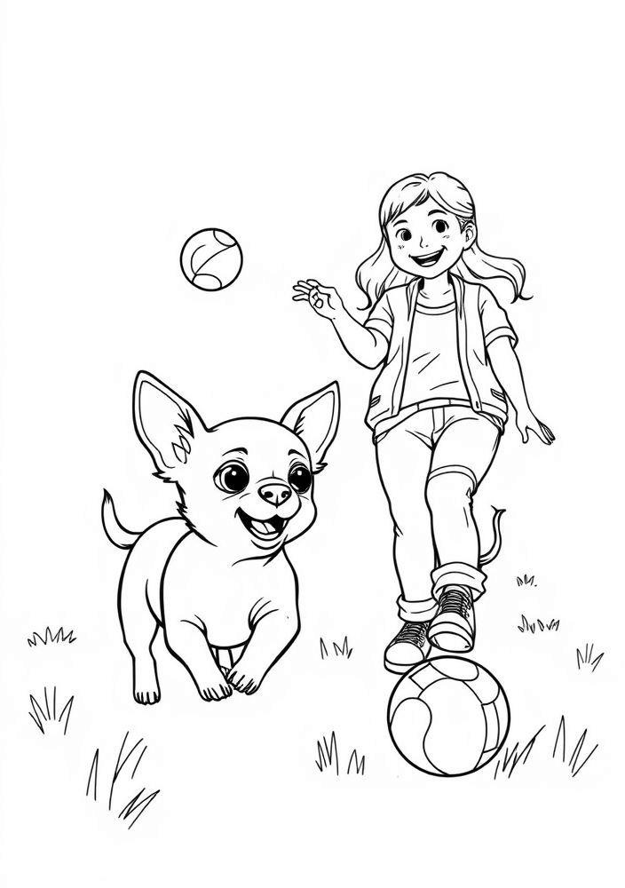 Desenho de Chihuahua e seu dono jogando bolinha para colorir