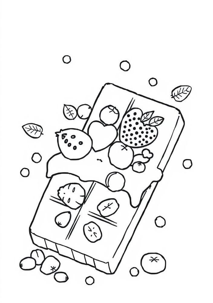 Desenho de Chocolate com Frutas e Nozes para Colorir