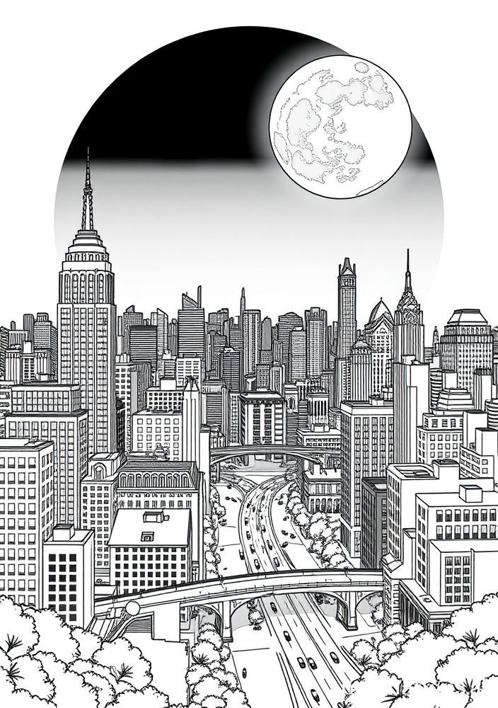 Desenho de Cidade ao Luar para colorir