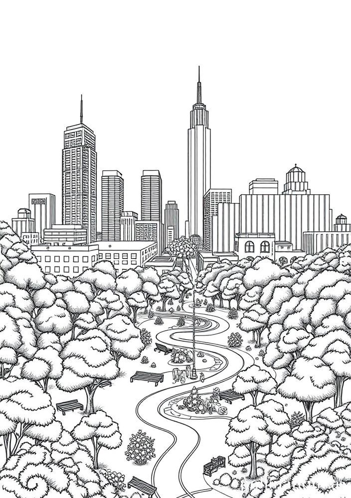 Desenho de Cidade com Parque para Colorir
