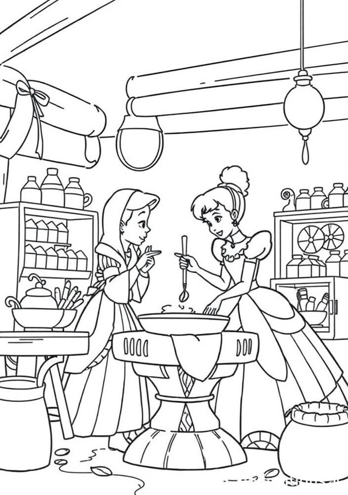 Desenho de Cinderela com a fada madrinha no atelier para colorir