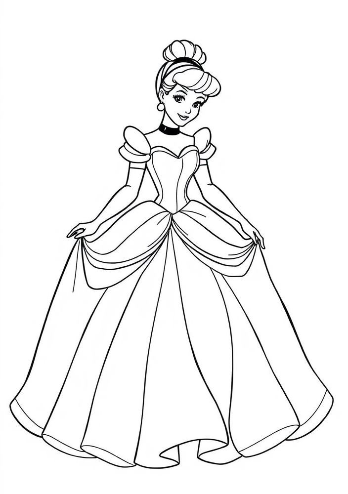 Desenho de Cinderela com seu vestido de baile para colorir