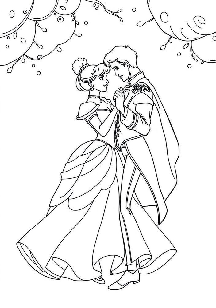 Desenho de Cinderela dançando com o príncipe para colorir