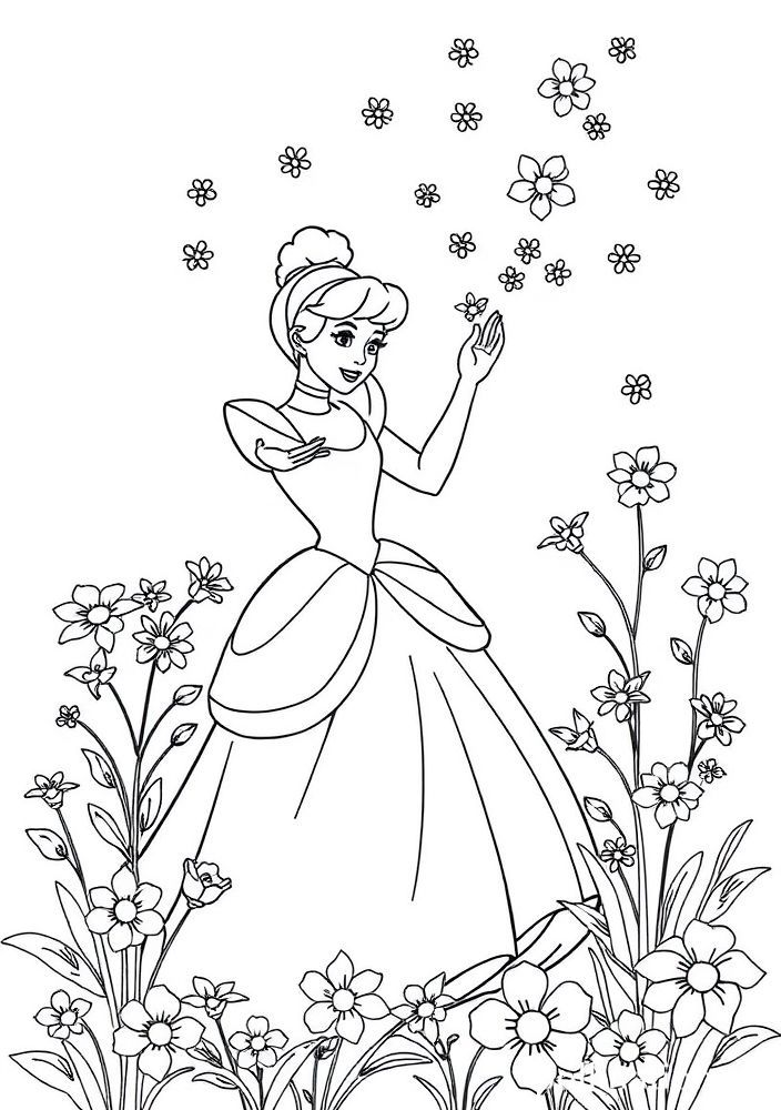 Desenho de Cinderela jogando flores para colorir