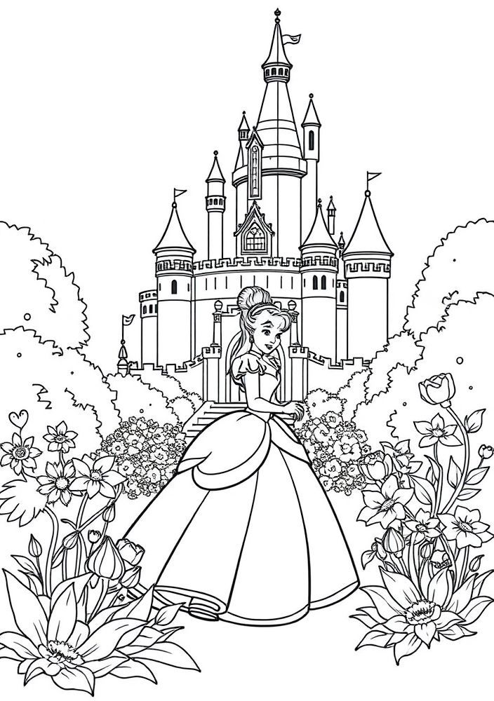 Desenho de Cinderela no jardim do castelo para colorir