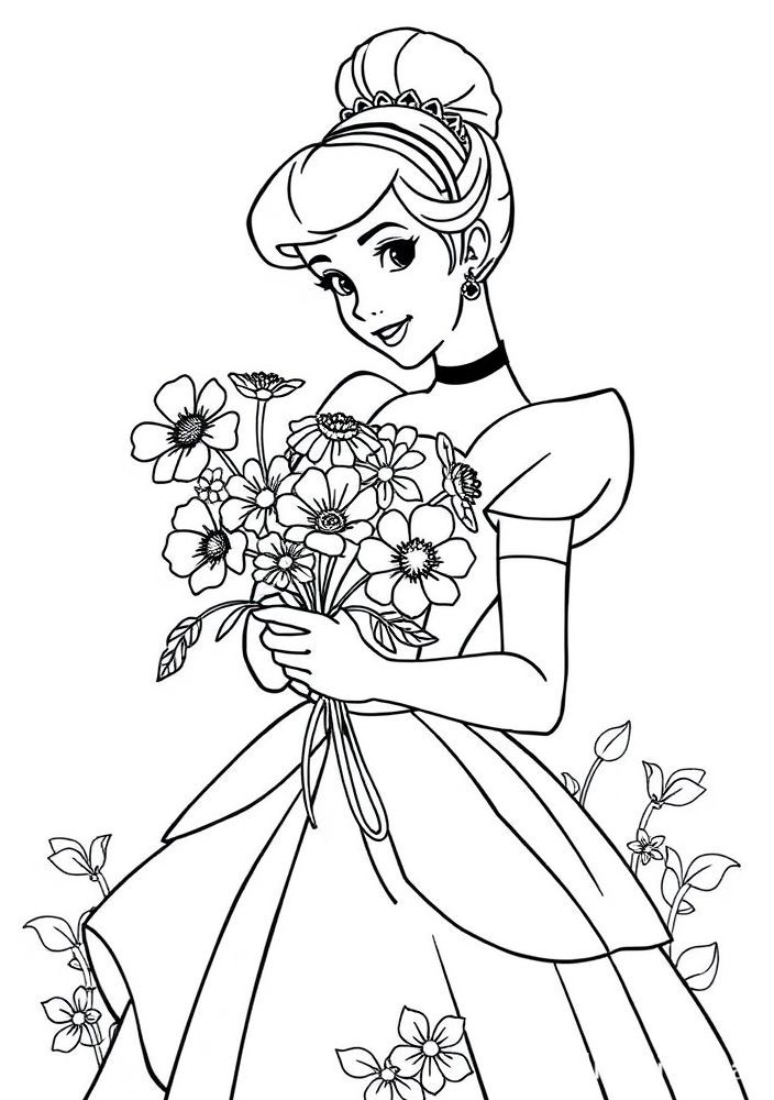 Desenho de Cinderela segurando flores para colorir