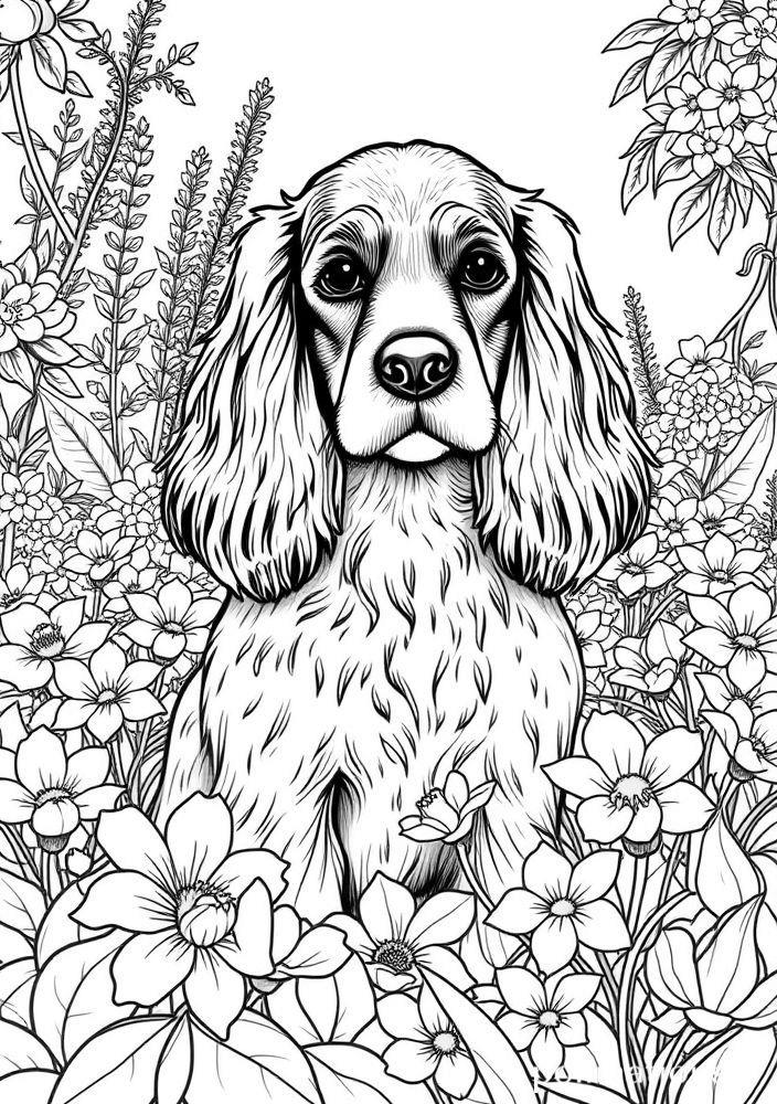 Desenho de Cocker Spaniel com Flores para colorir