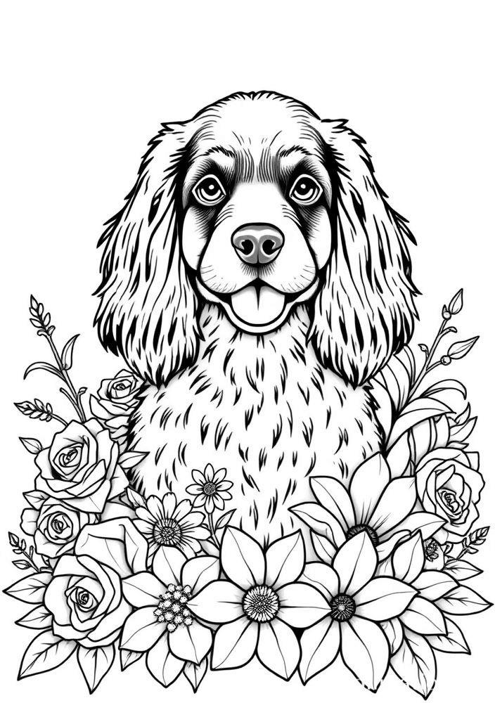 Desenho de Cocker Spaniel com flores para colorir