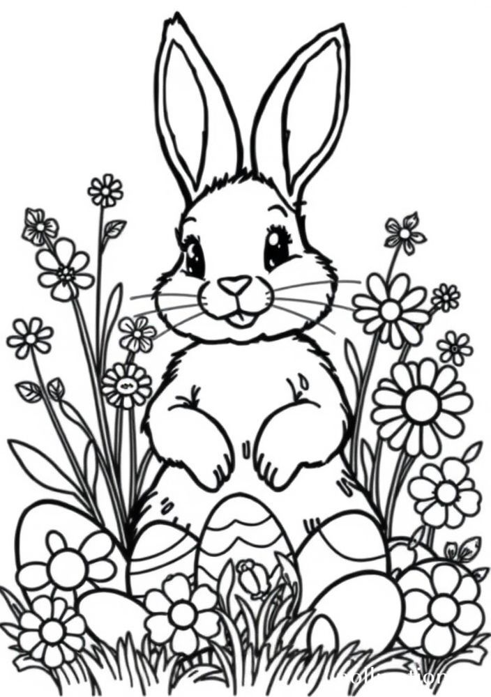 Desenho de Coelhinho na Páscoa com Ovos coloridos para colorir