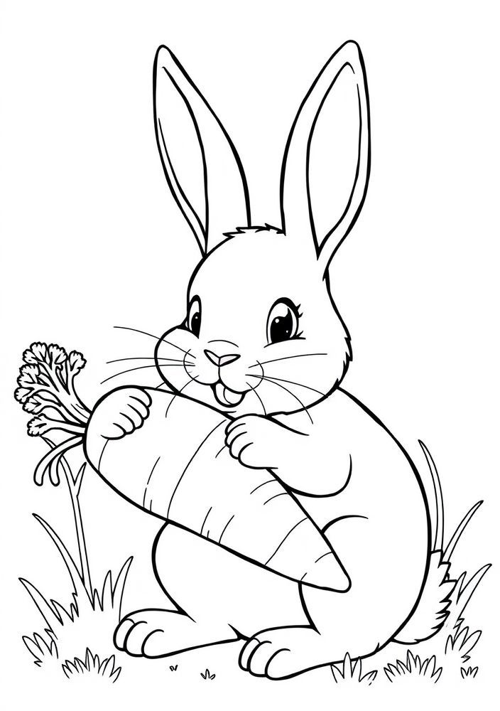 Desenho de Coelho Comendo Cenoura Gigante para colorir
