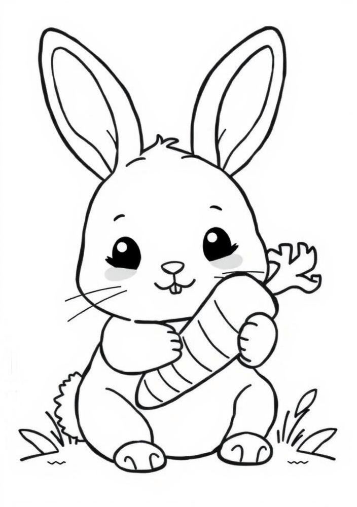 Desenho de Coelho Kawaii com Cenoura para Colorir