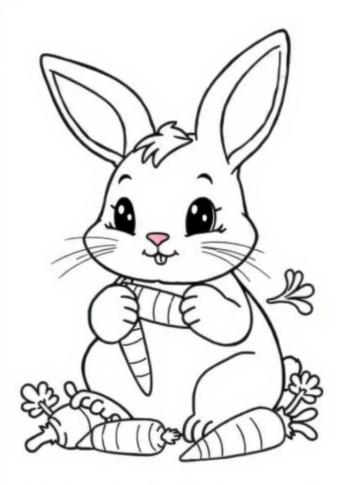 Desenho de Coelho Kawaii com cenouras para colorir