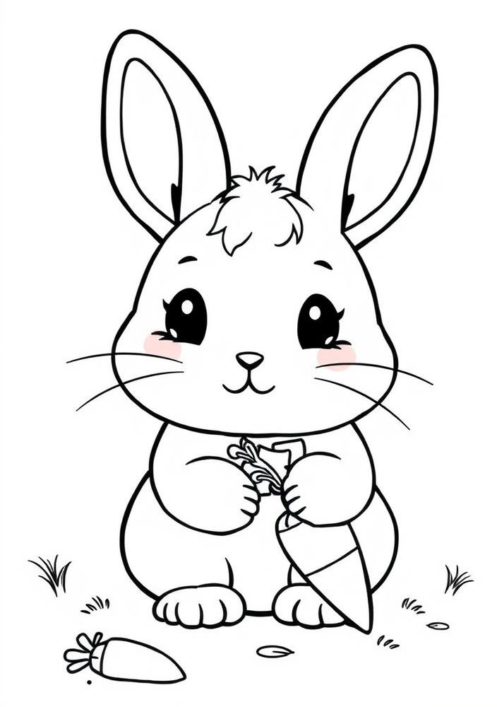 Desenho de Coelho Kawaii com cenouras para colorir