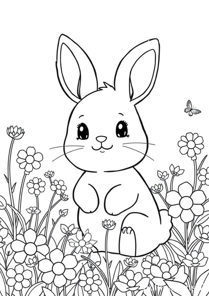 Desenho de Coelho Kawaii em um Jardim Florido para colorir