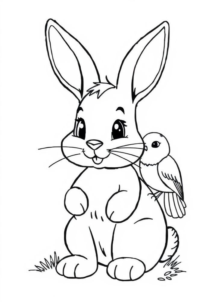 Desenho de Coelho e Amigo Pássaro para Colorir