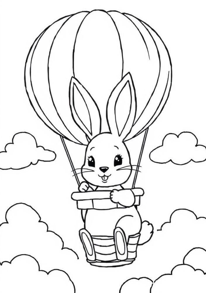 Desenho de Coelho em um Balão de Ar Quente para colorir