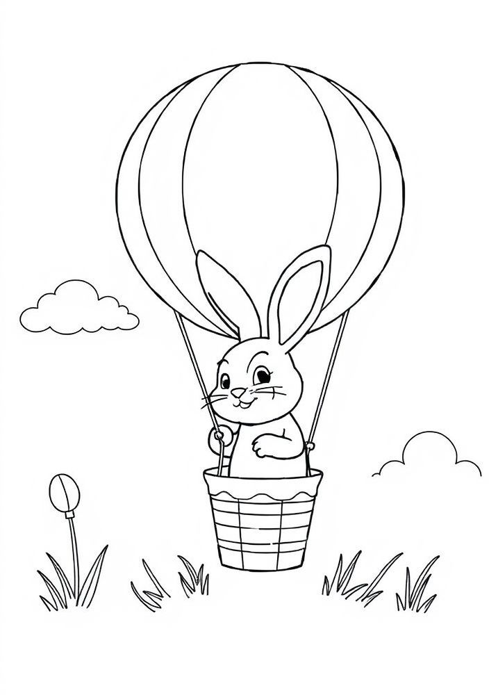 Desenho de Coelho em um Balão de Ar Quente para colorir