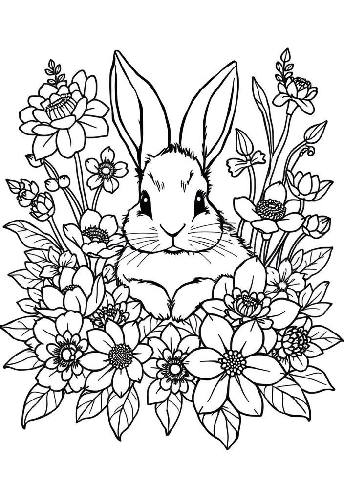 Desenho de Coelho entre Flores para colorir