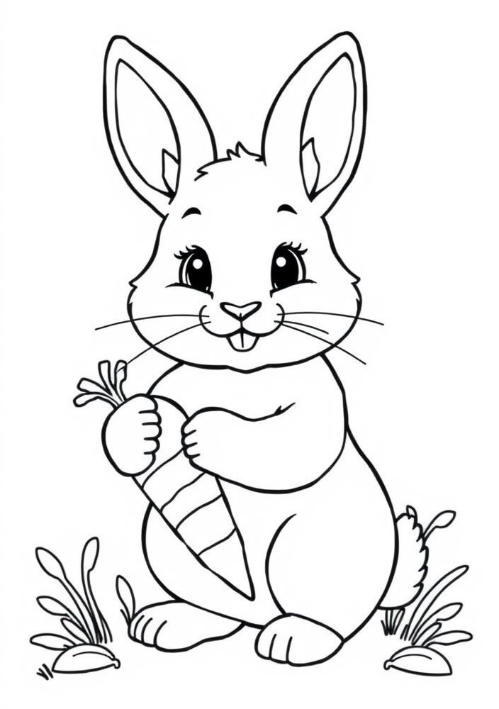 Desenho de Coelho segurando cenouras para colorir