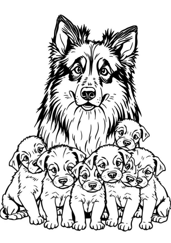 Desenho de Collie com filhotes para colorir