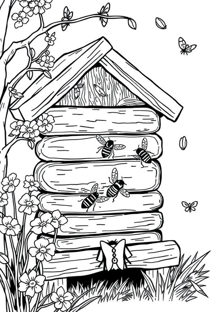 Desenho de Colmeia com abelhas para colorir