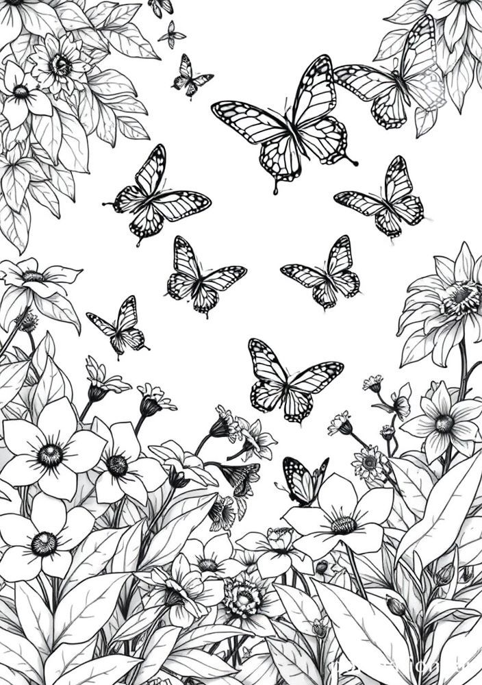 Desenho de Dança das Borboletas no Jardim para colorir