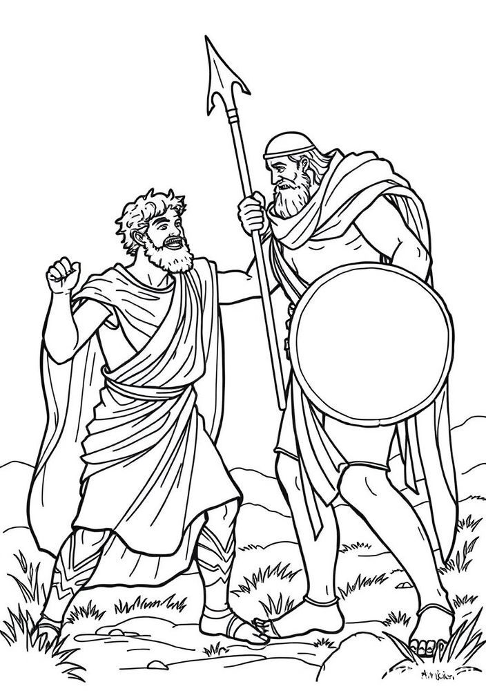 Desenho de Davi e Golias para colorir