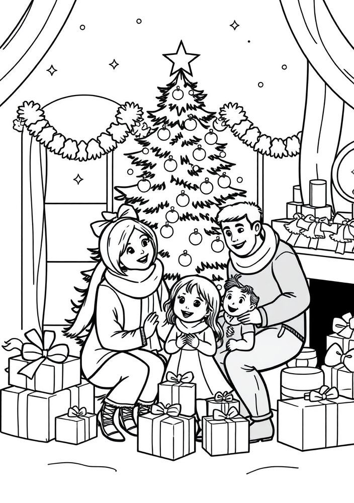 Desenho de Dia de Natal em Família para Colorir