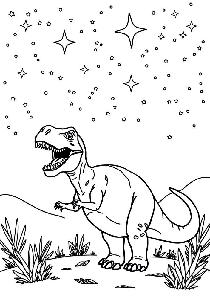 Desenho de Dinossauro e céu Estrelado para colorir