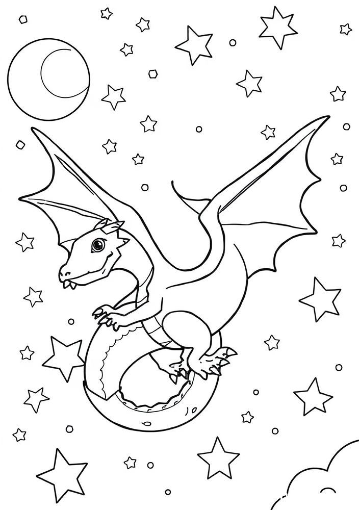 Desenho de Dragão e Estrelas para colorir