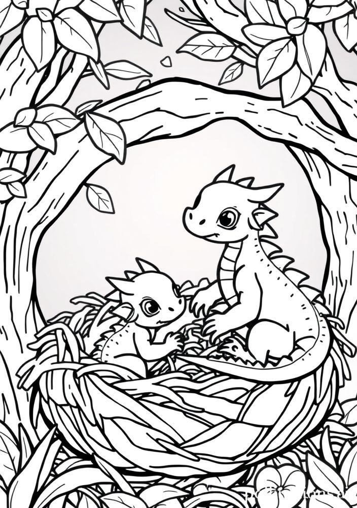 Desenho de Dragão em um Ninho para colorir