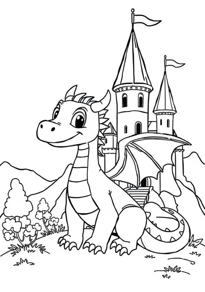 Desenho de Dragão em um castelo para colorir