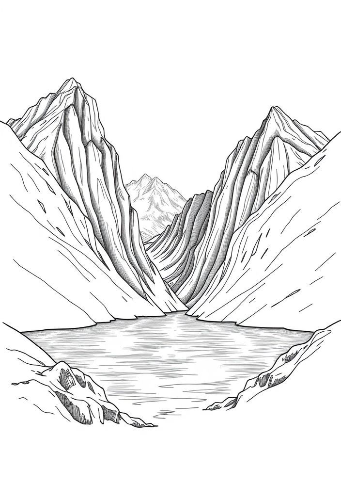 Desenho de Duas Montanhas com Lago entre Elas para colorir