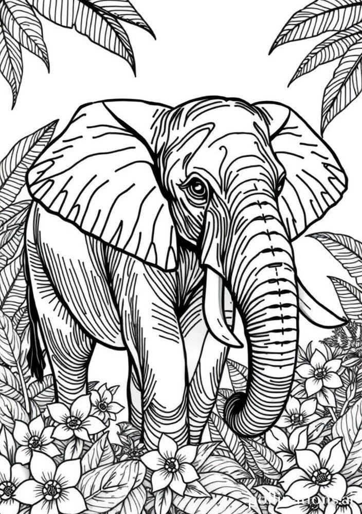 Desenho de Elefante Tropical com Flores para colorir