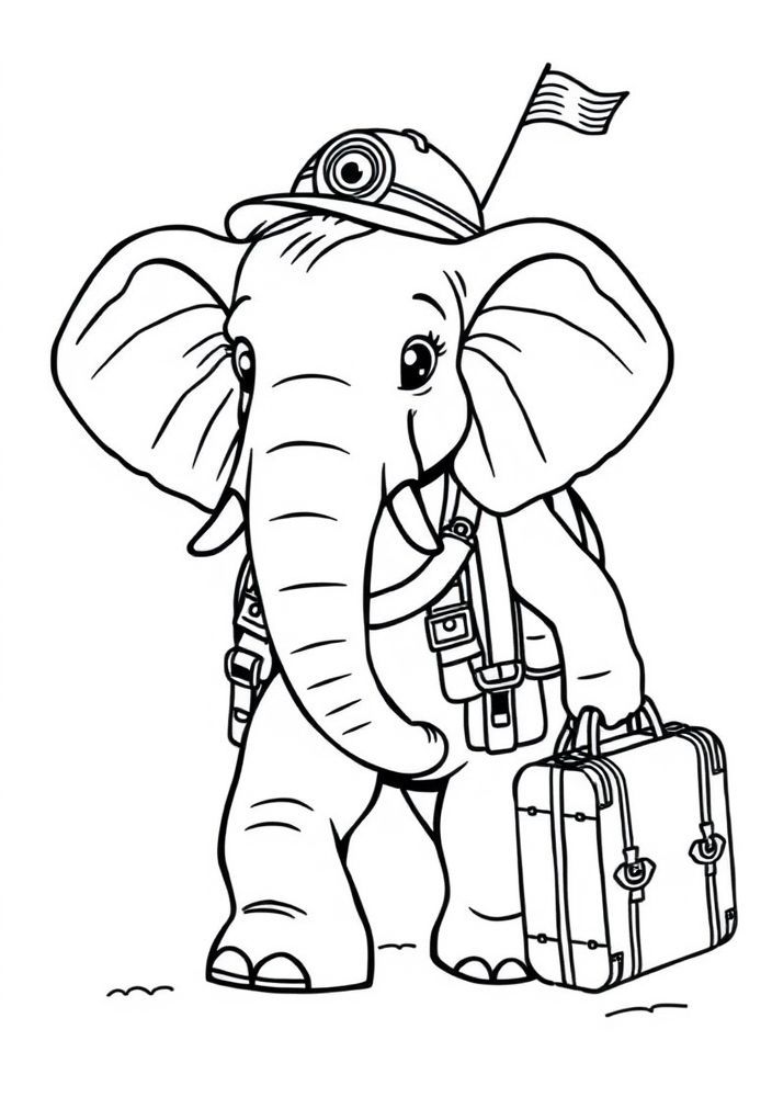 Desenho de Elefante Viajante com Mala para colorir
