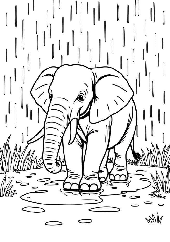 Desenho de Elefante caminhando na chuva para colorir