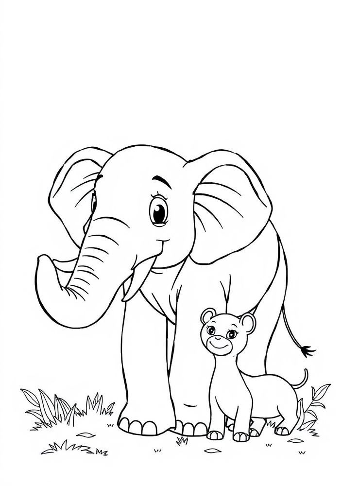 Desenho de Elefante com Amigos Animais para colorir
