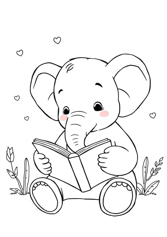 Desenho de Elefante com um livro para colorir