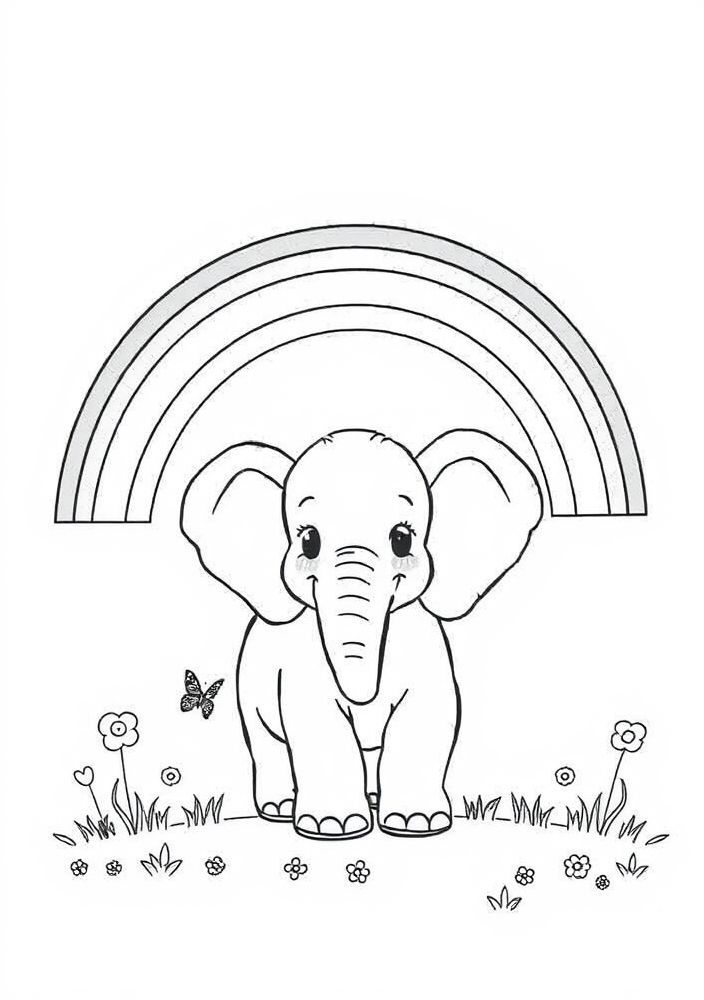 Desenho de Elefante e Arco-Íris para colorir