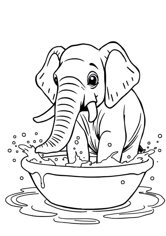 Desenho de Elefante em um balde de água para colorir