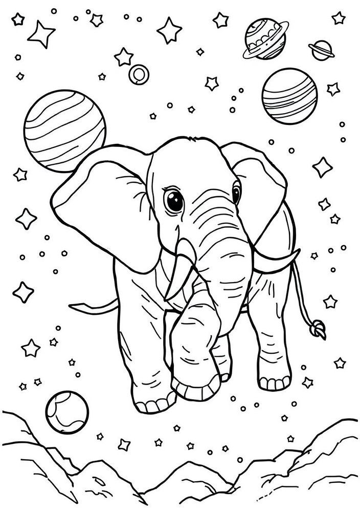 Desenho de Elefante em uma Aventura Espacial para colorir