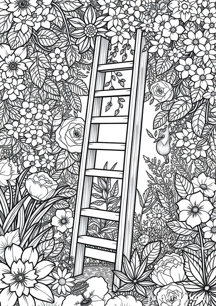 Desenho de Escada de Madeira no Jardim para colorir